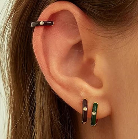 Little Mint Green Gold Hinged Hoops Enamel Hoop Earrings Rhinestone Crystal New - Picture 6 of 7